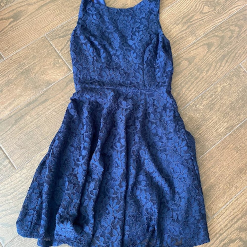 Navy Blue Floral Lacy Skater Dress